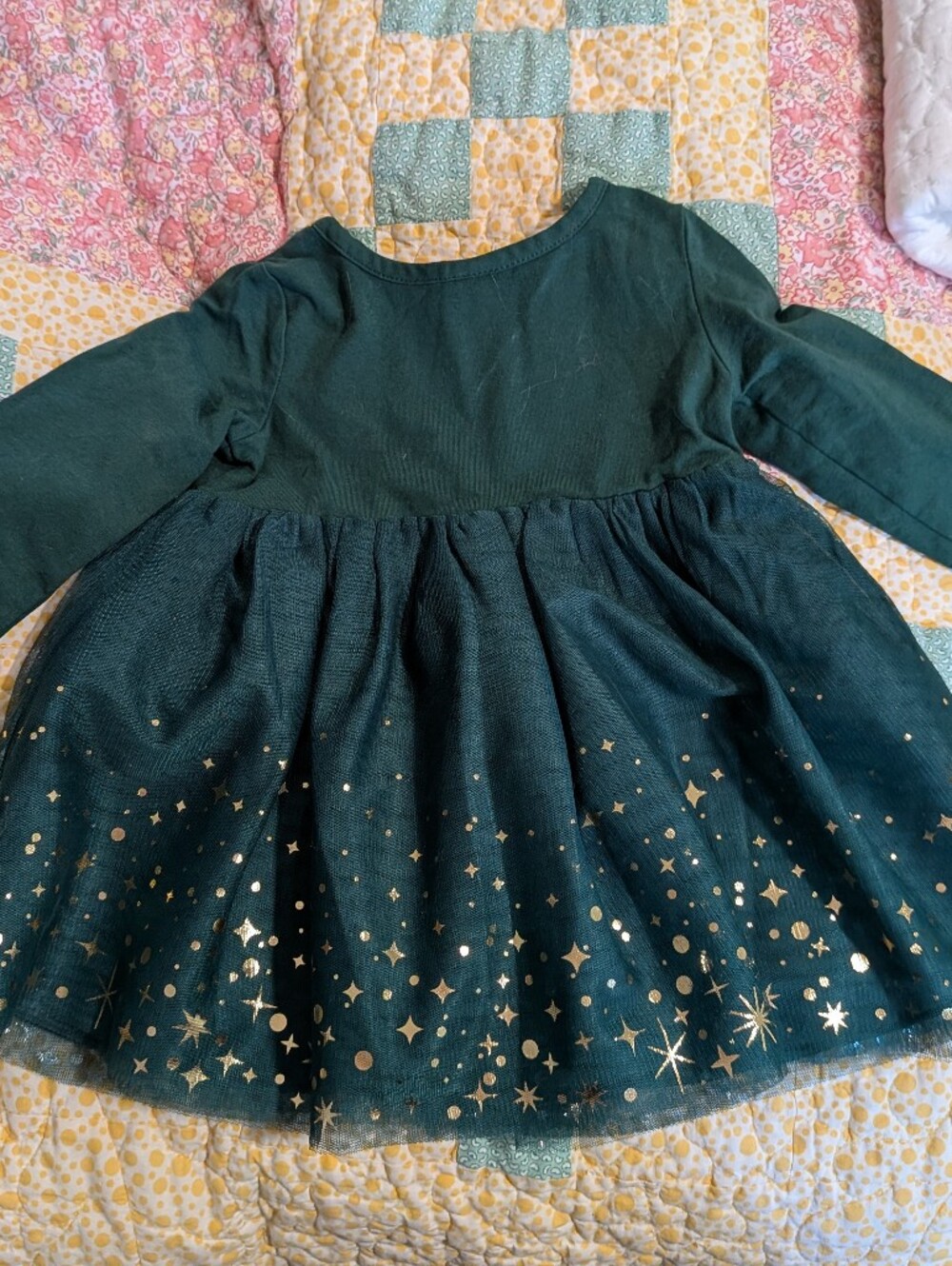 Hanna Andersson Dark Green Long-Sleeve Tulle Dress with Gold Star Foil